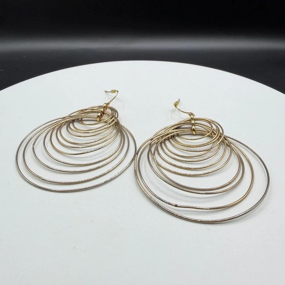 Gold Tone Concentric Multi Hoop Chandelier Earrings Oversized Dangle Statement